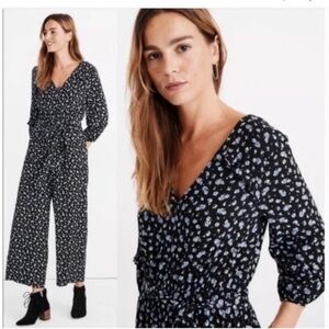 Madewell black floral baby's breath ruffle sleeve belted jumpsuit boho size XXS